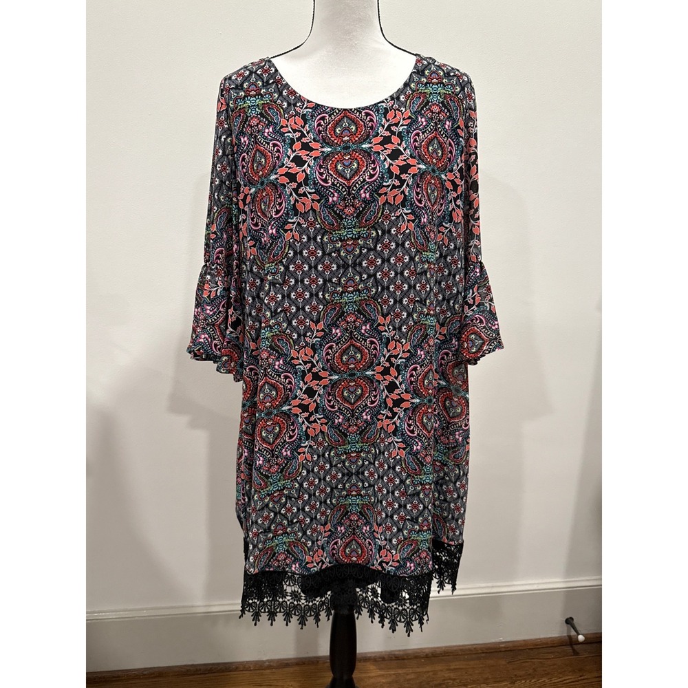 Speechless Tunic Dress Women 0X Black Paisley Crochet Trim Excellent Boho Bell
